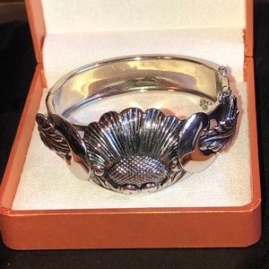 Thistle Flower Hinged Bangle Clamper Bracelet Cuff Silver Art Nouveau Antique